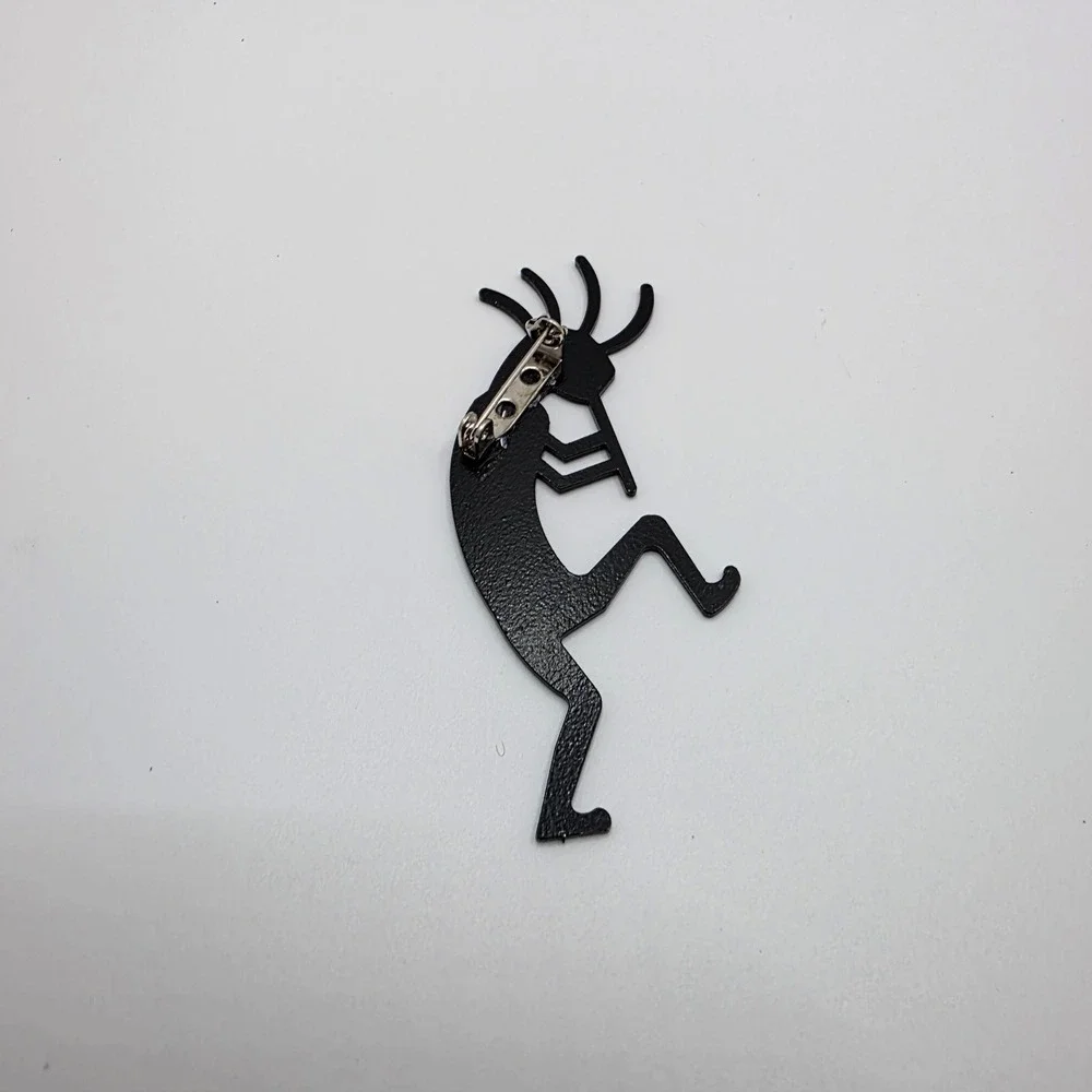 Vintage Kokopelli Flute Player Black Metal Brooch Pin Multi Color Polka Dots